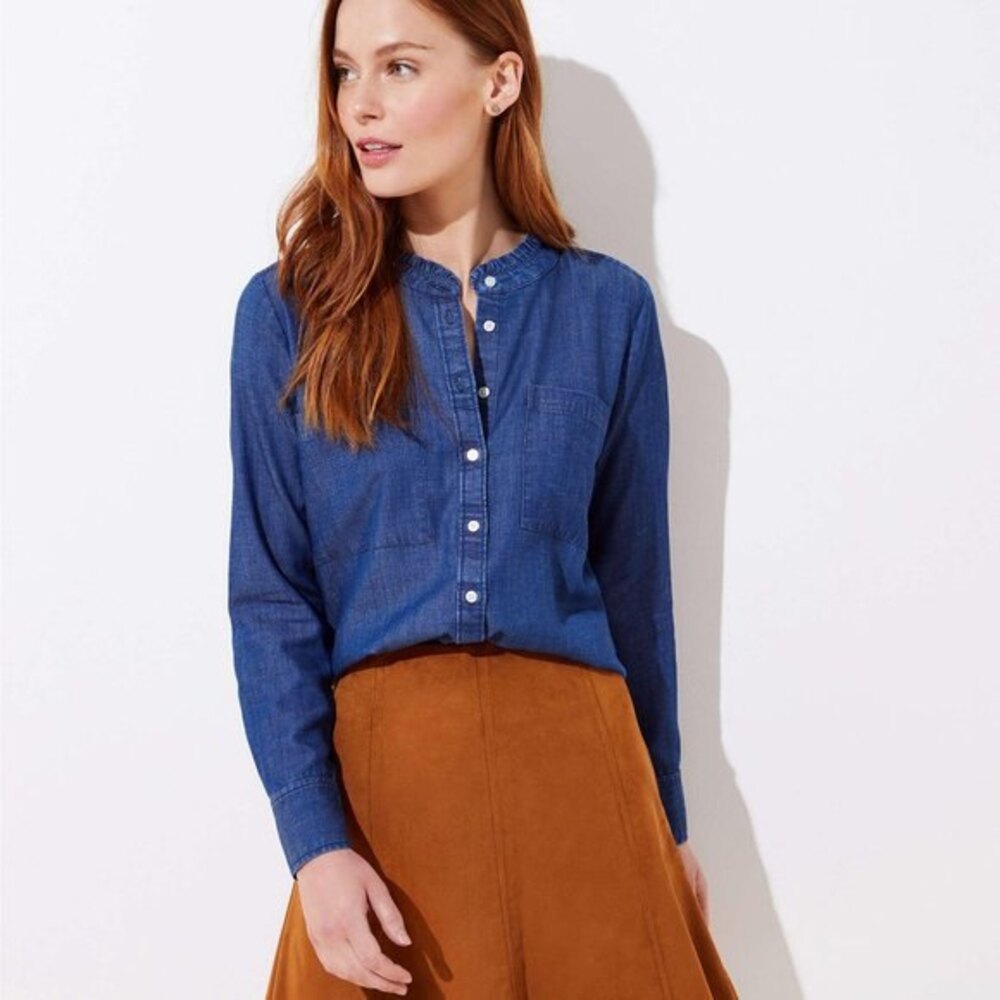 Chambray LOFT Ruffle Neck Long Sleeve Blouse (NWT)